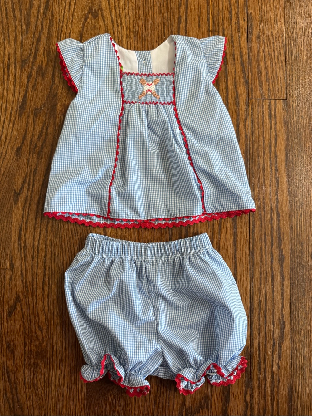Blue Gingham Baby Girl Two-Piece Outfit with Red Trim and smocked Baseball